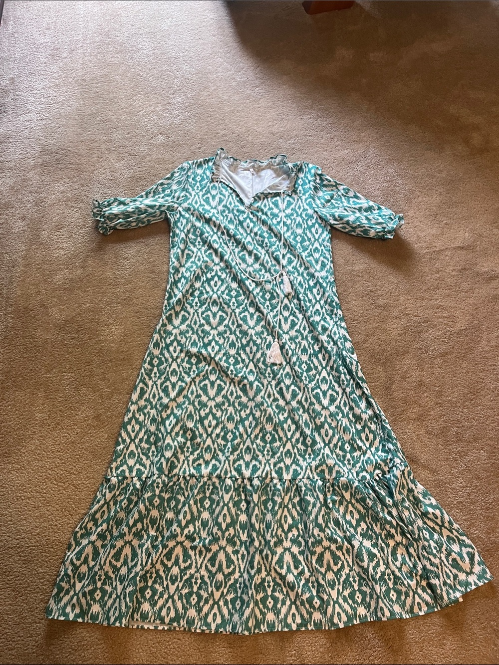 Women’s Teal Patterned Maxi Dress with Tassel Tie